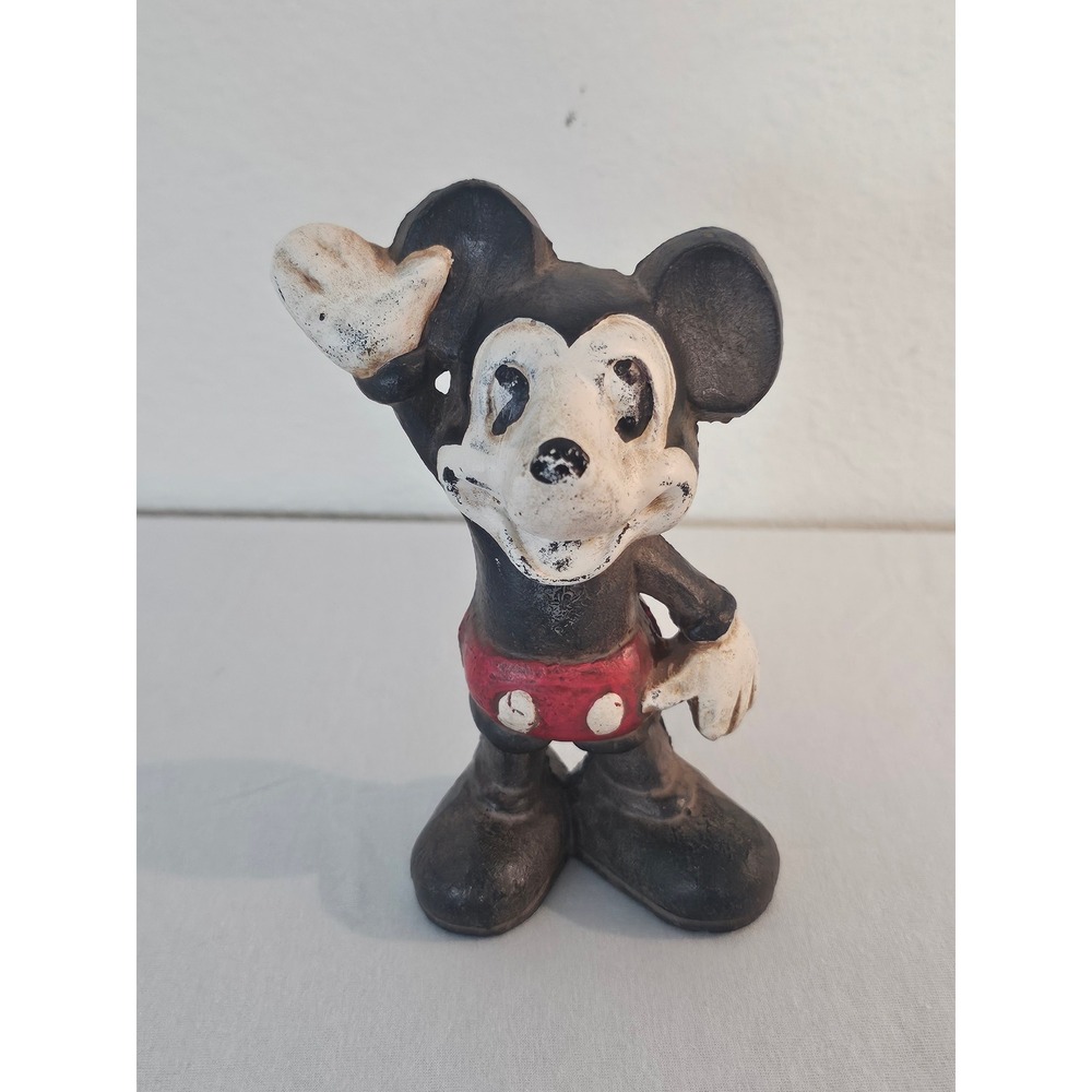 Vintage Mickey Mouse Cast Iron Coin Bank Waving Figure Heavy Metal Still Bank